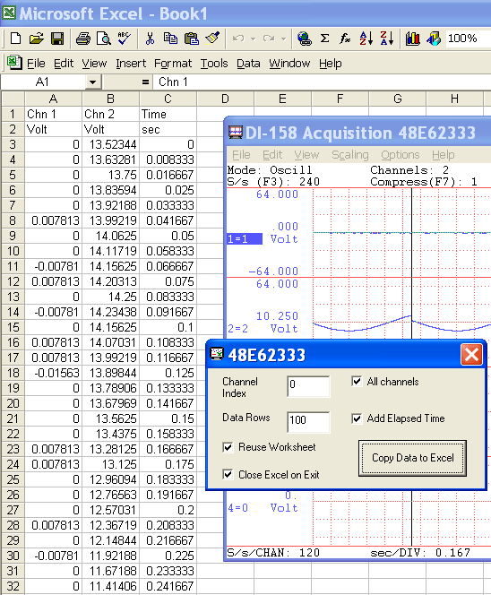 Excel Link for for WinDaq running DATAQ devices, Transonic Flow meters and Dataforth isoLynx SLX718 